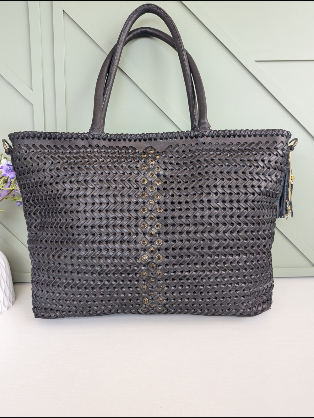 Woven Leather Tote Bag - Black Braided Design